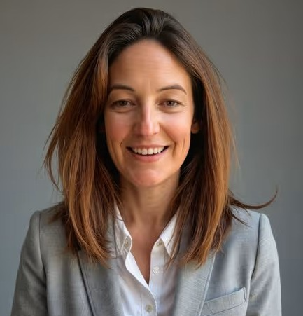 Headshot of Caroline Woodford smiling, wearing a light grey blazer, representing a friendly counsellor